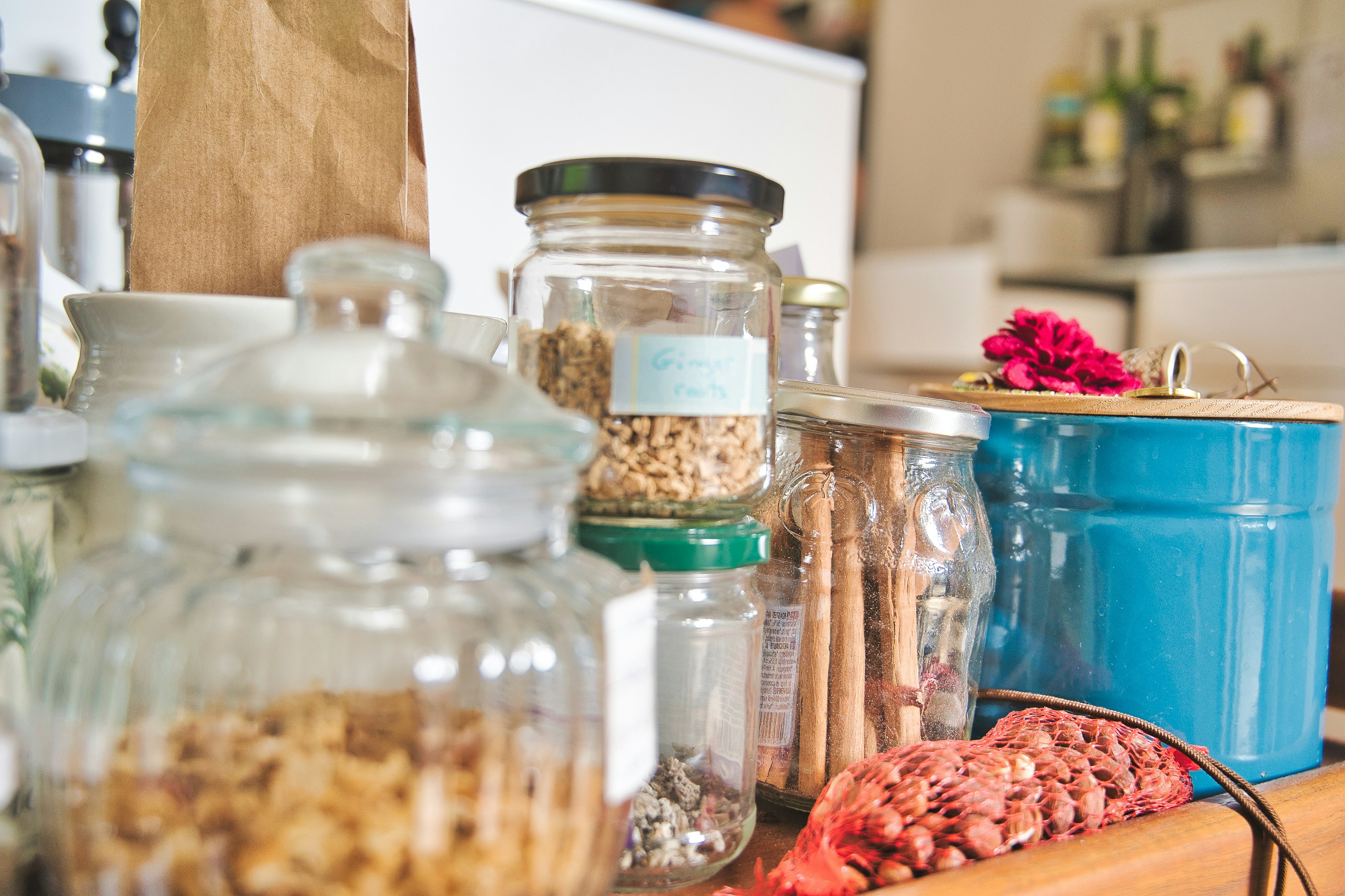 clear glass jars with white and brown food